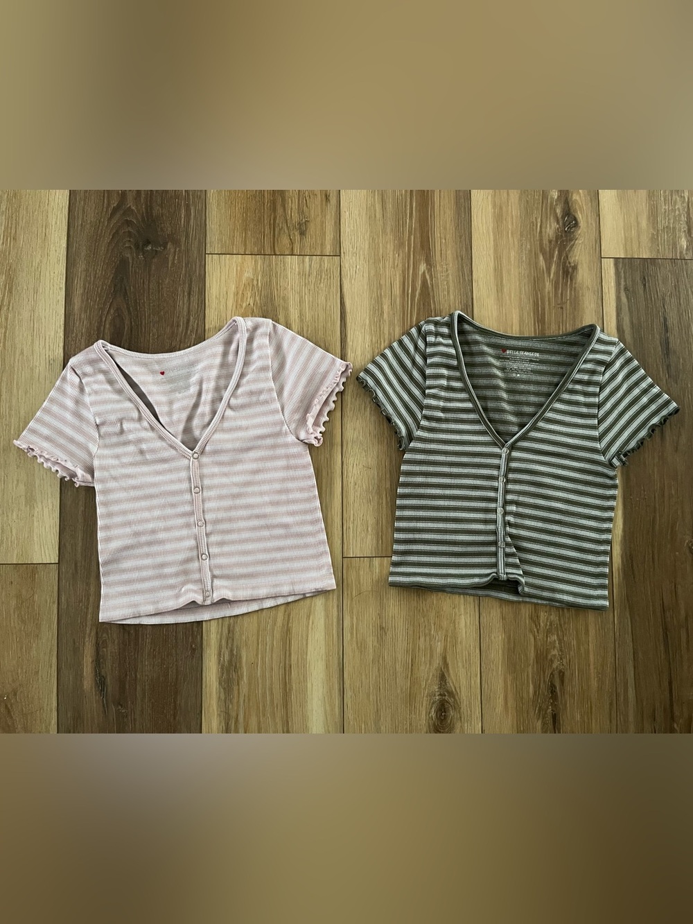 2 Striped Ribbed Button-Front Crop Top - Pink & Green